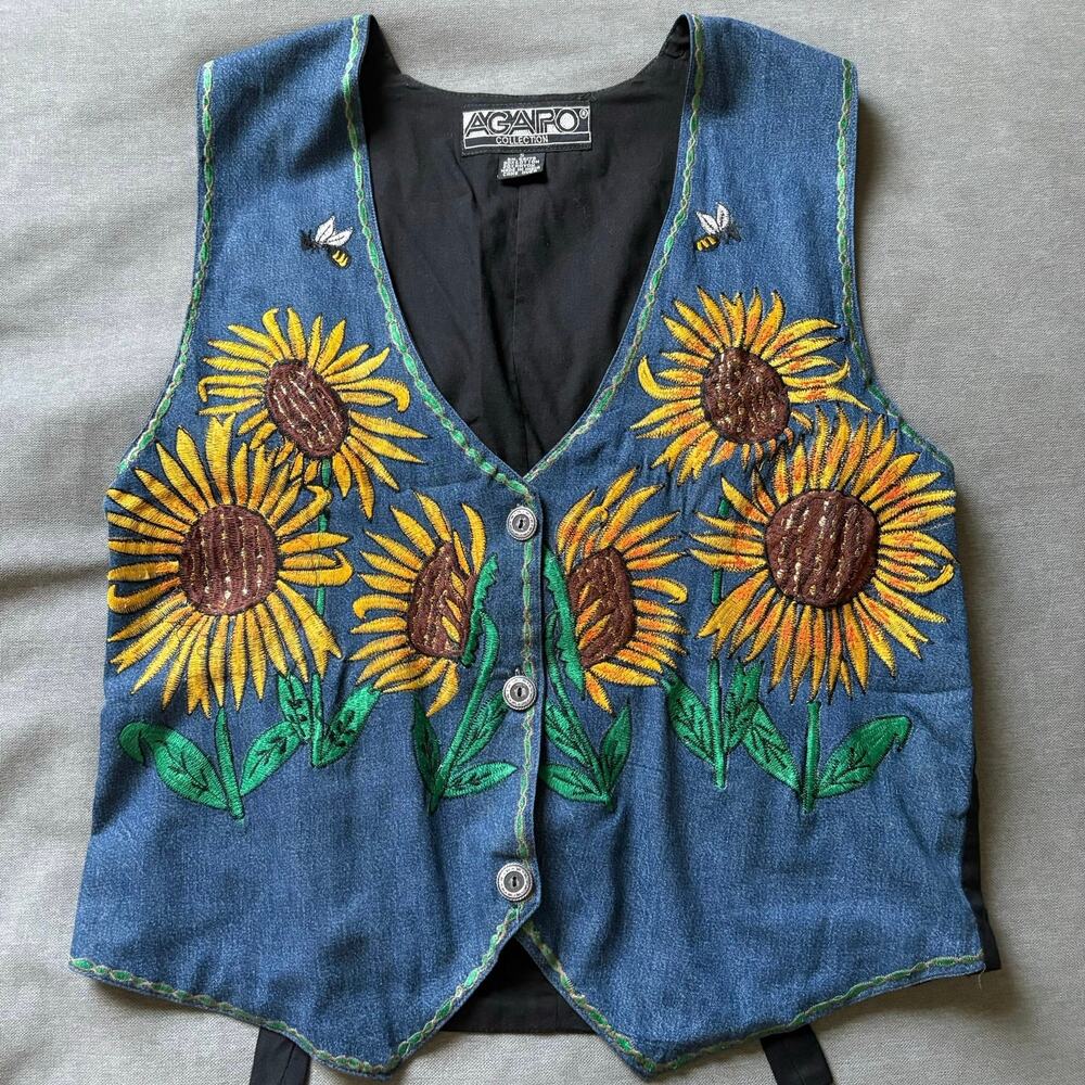 VTG AGAPO Sunflower Embroidered Denim Vest Cottagecore Western Boho Fall Sm